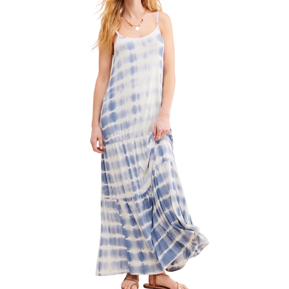 O.P.T. Ciao Bella Tie Dye Maxi Dress Size Small Blue White Ribbed Tiered Boho